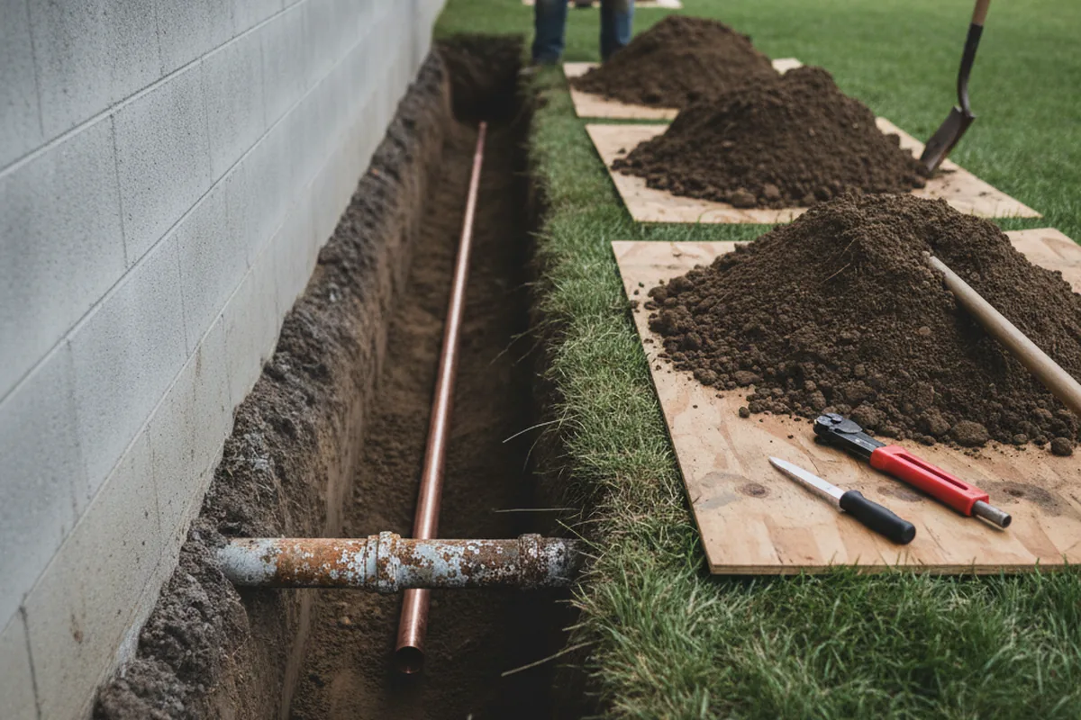 Excavated water line trench during Water Softener Installation in Cedar Grove